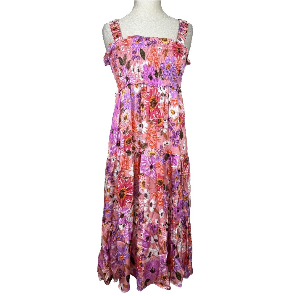 Rachel Parcell Dress Womens 4 Pink Floral Smocked Maxi Sundress Ruffle Boho